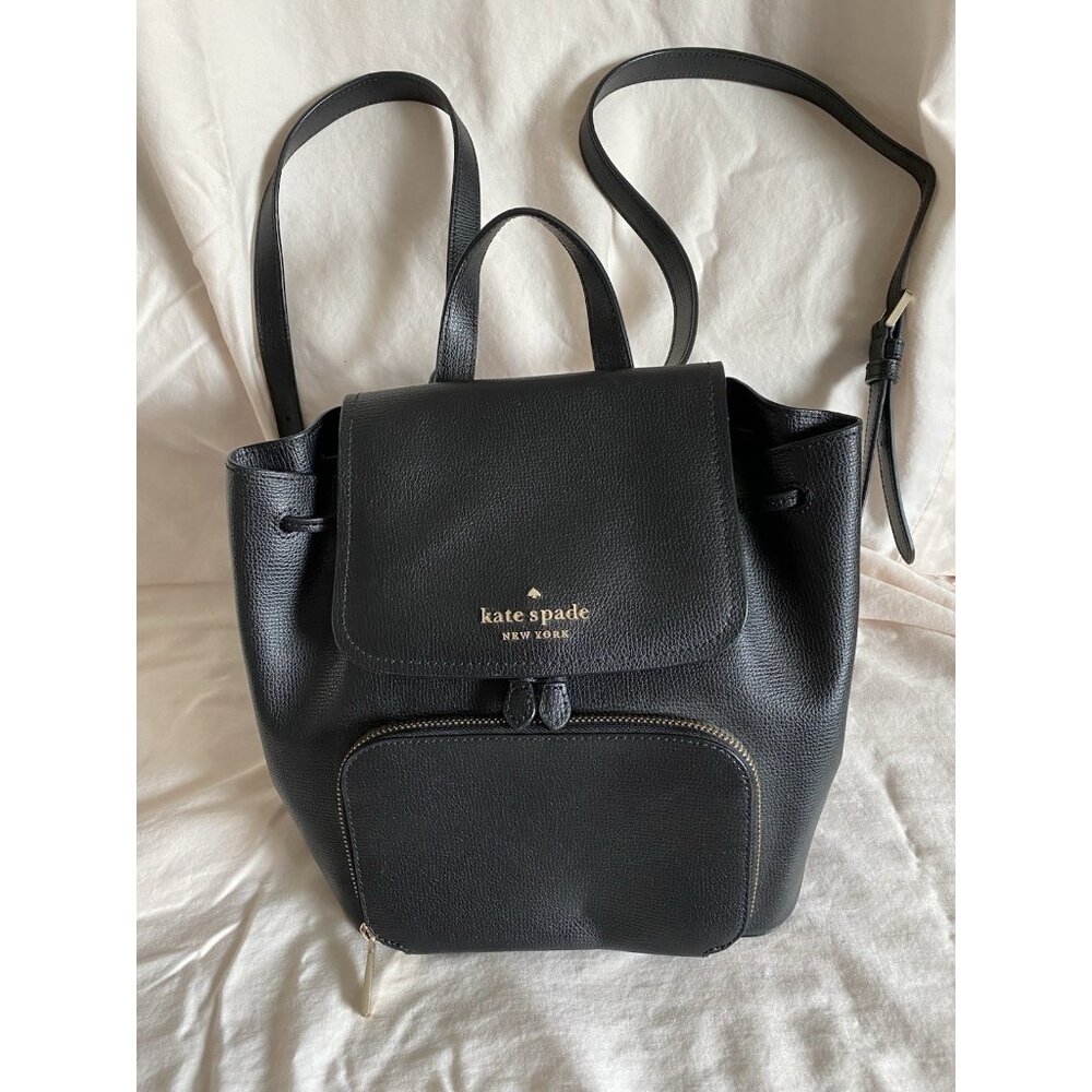 Kate Spade black pebble leather medium backpack exterior zip around pocket